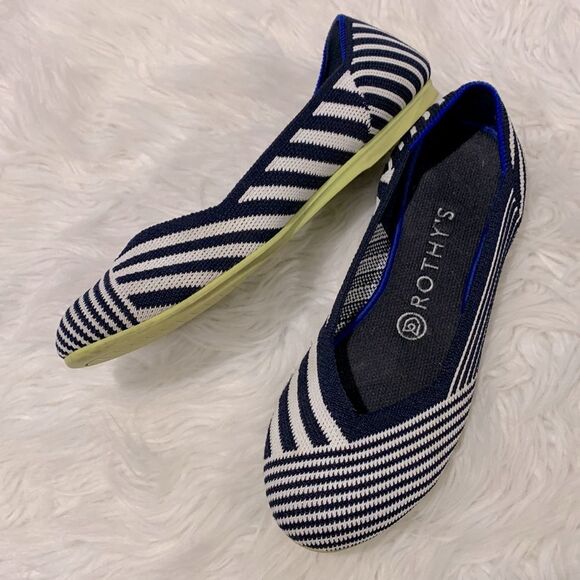 ROTHY’S Striped Flats Dark Navy/White cobalt blue heel trim green outsoles sz 8